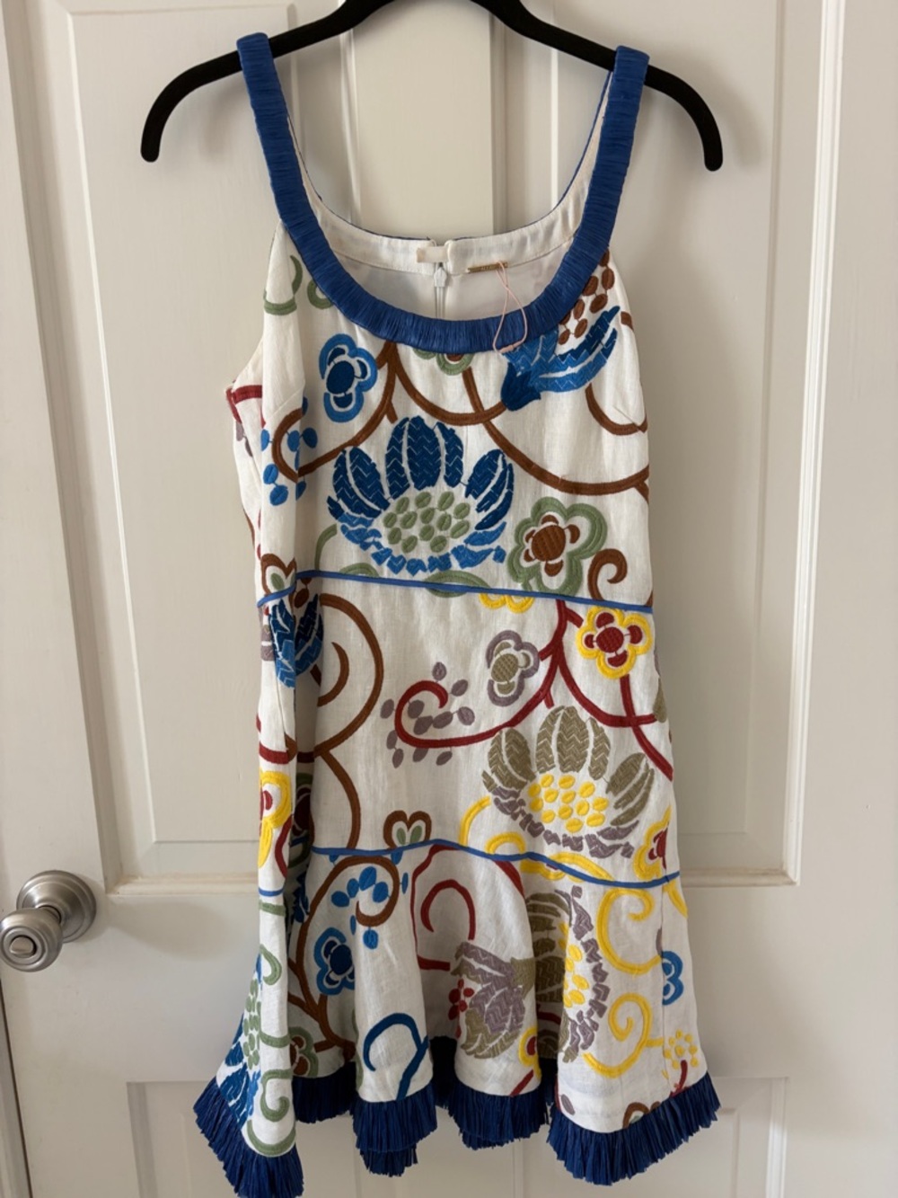 Alexis White Mini Dress with Multicolor Floral Embroidery and Blue raffia Trim